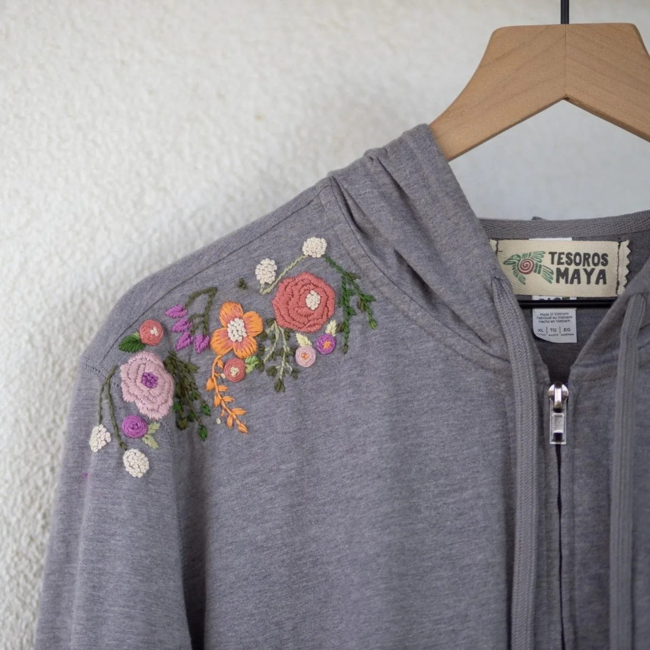 Floral Hand-embroidered Fitted Jersey Full-Zip Hoodie - SMALL