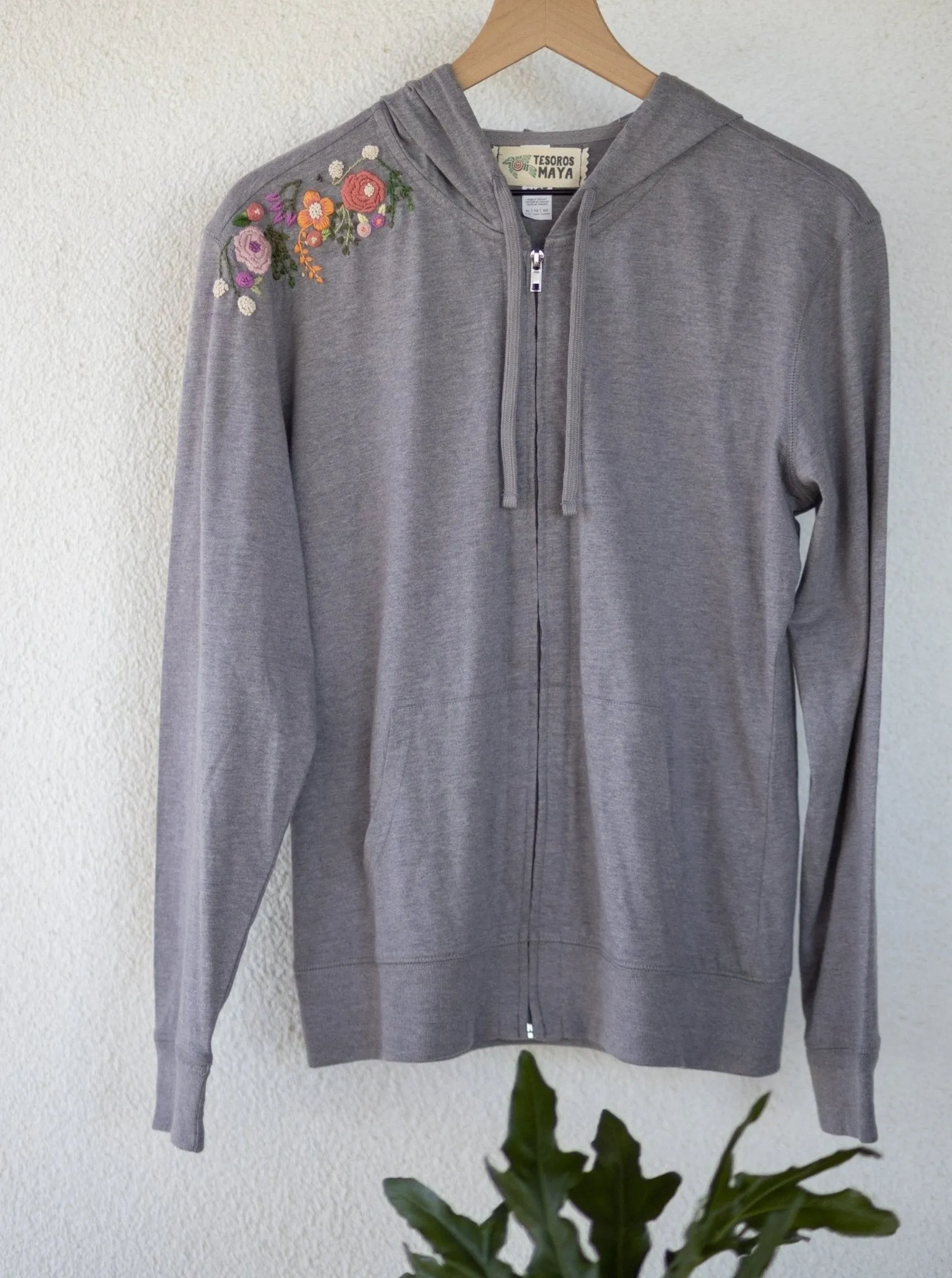 Floral Hand-embroidered Fitted Jersey Full-Zip Hoodie - SMALL