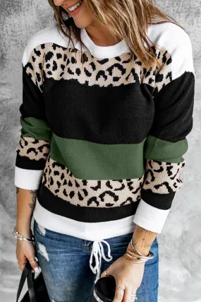 Green Leopard Color Block Casual Knit Pullover Sweater