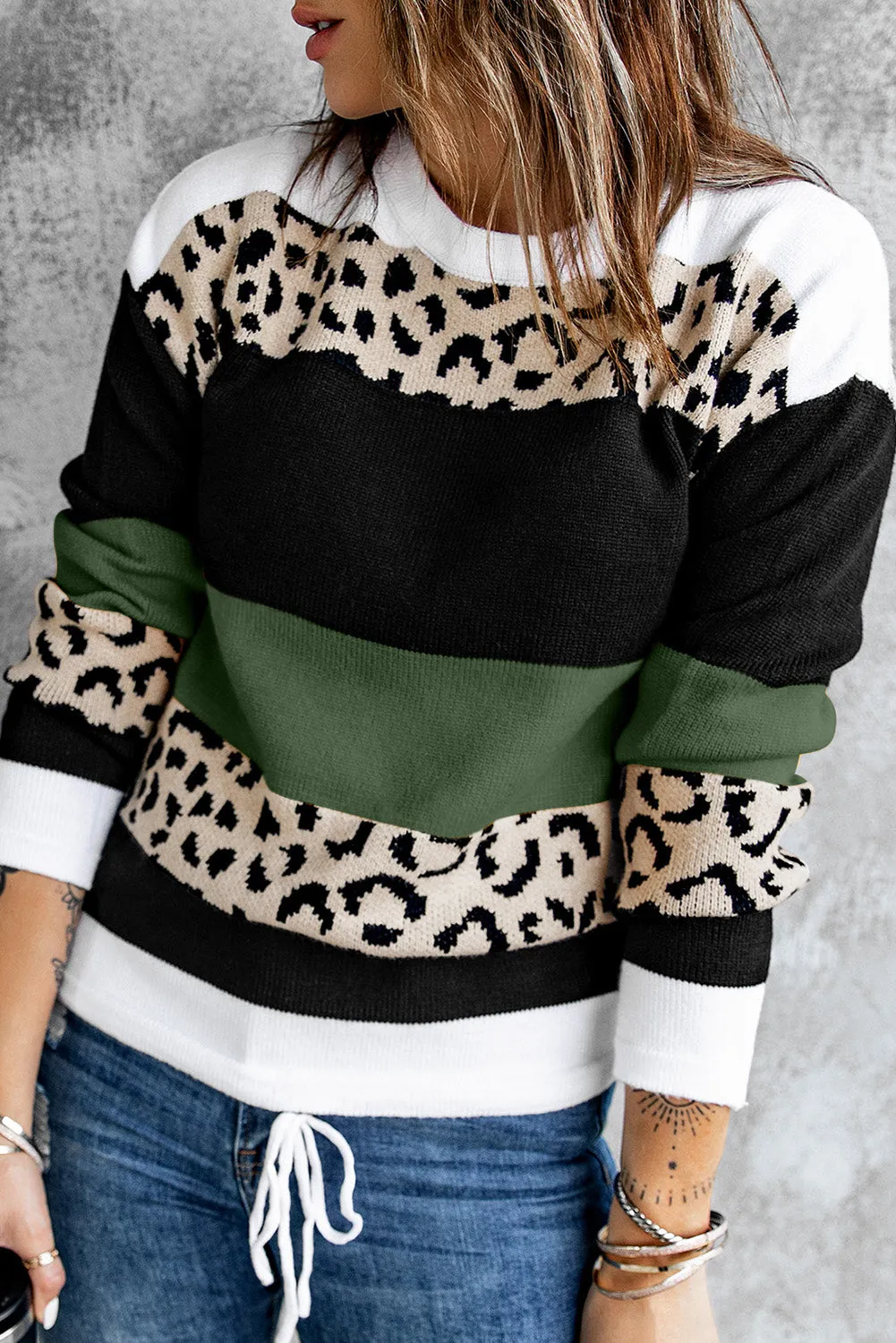 Green Leopard Color Block Casual Knit Pullover Sweater