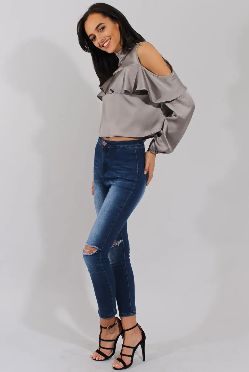 Grey Cold Shoulder Frill Layer Top - Lucy