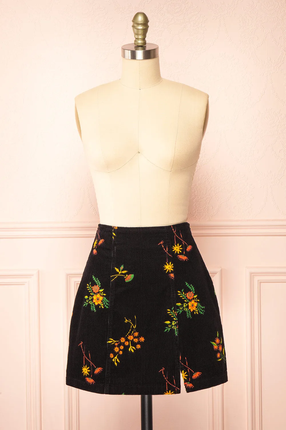 Hadley | Black Floral Short Corduroy Skirt