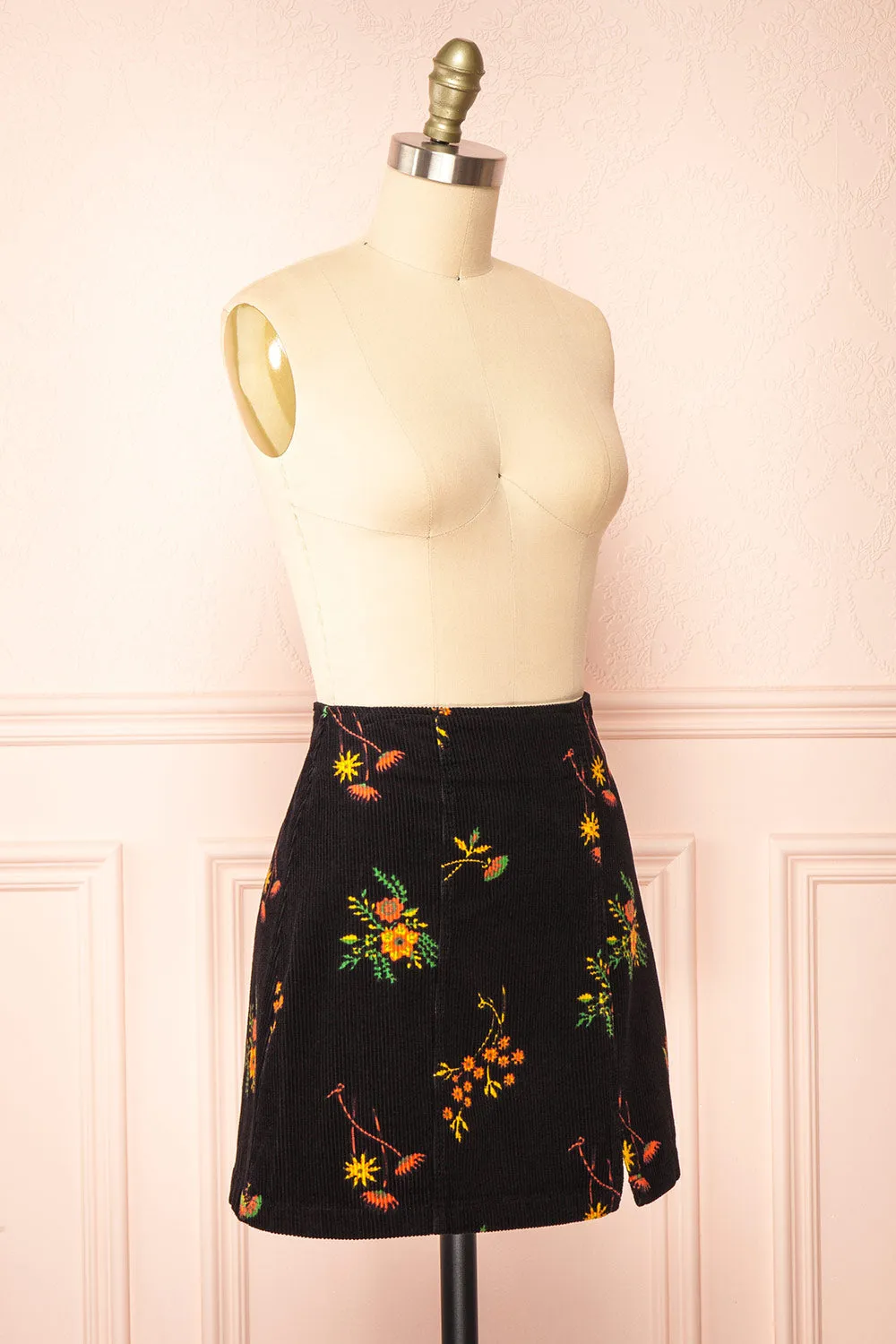 Hadley | Black Floral Short Corduroy Skirt