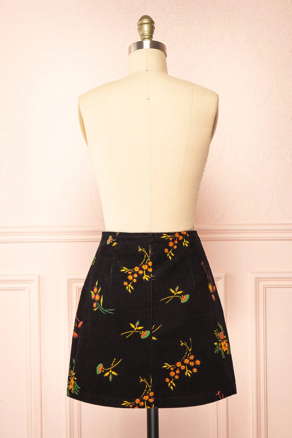 Hadley | Black Floral Short Corduroy Skirt