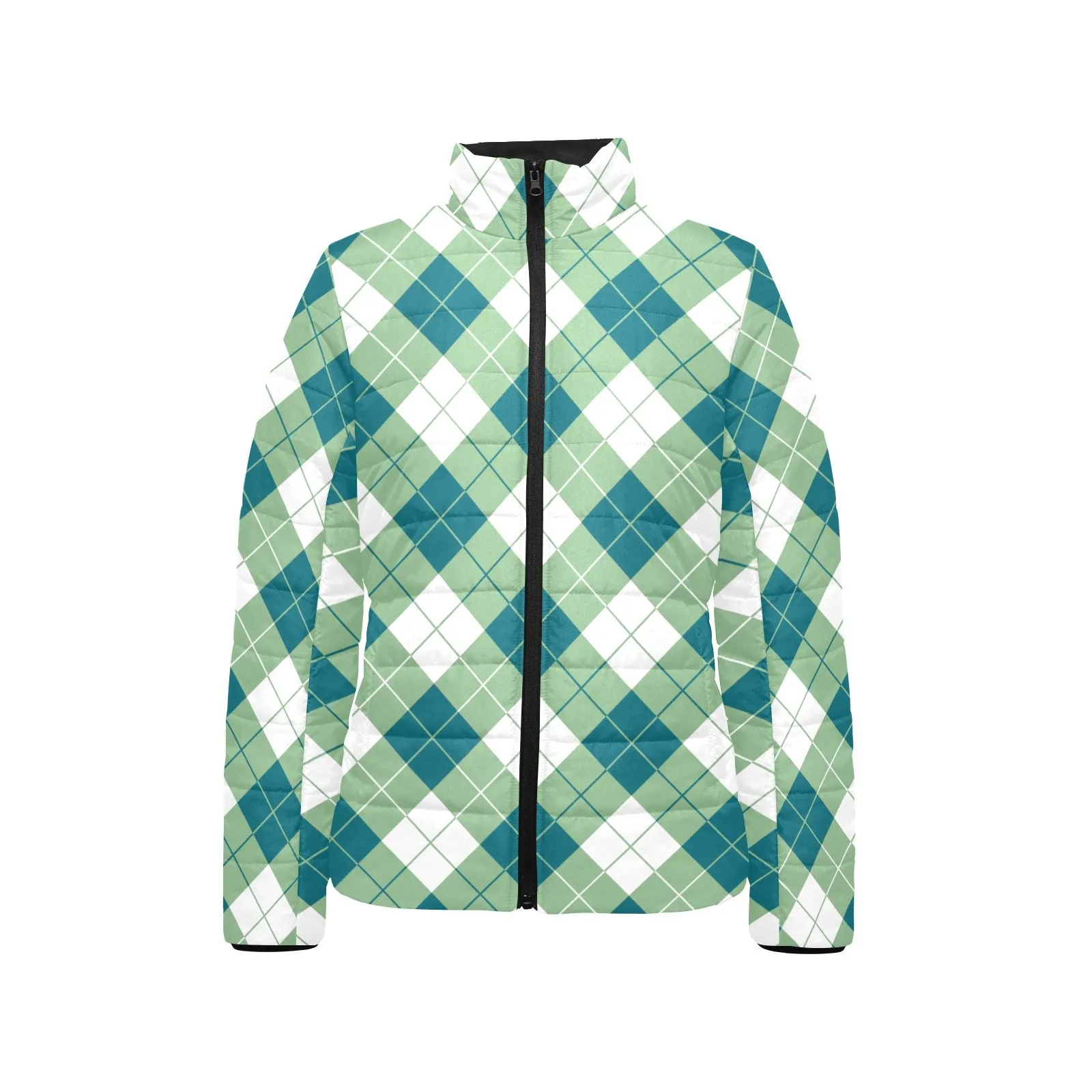 Harbor Blue and Basil Argyle Women's Stand Collar Padded Jacket