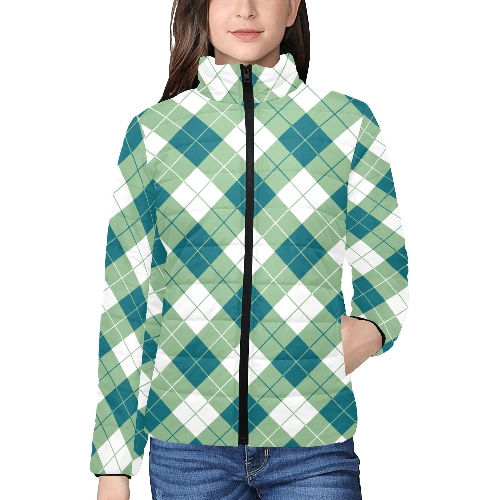 Harbor Blue and Basil Argyle Women's Stand Collar Padded Jacket