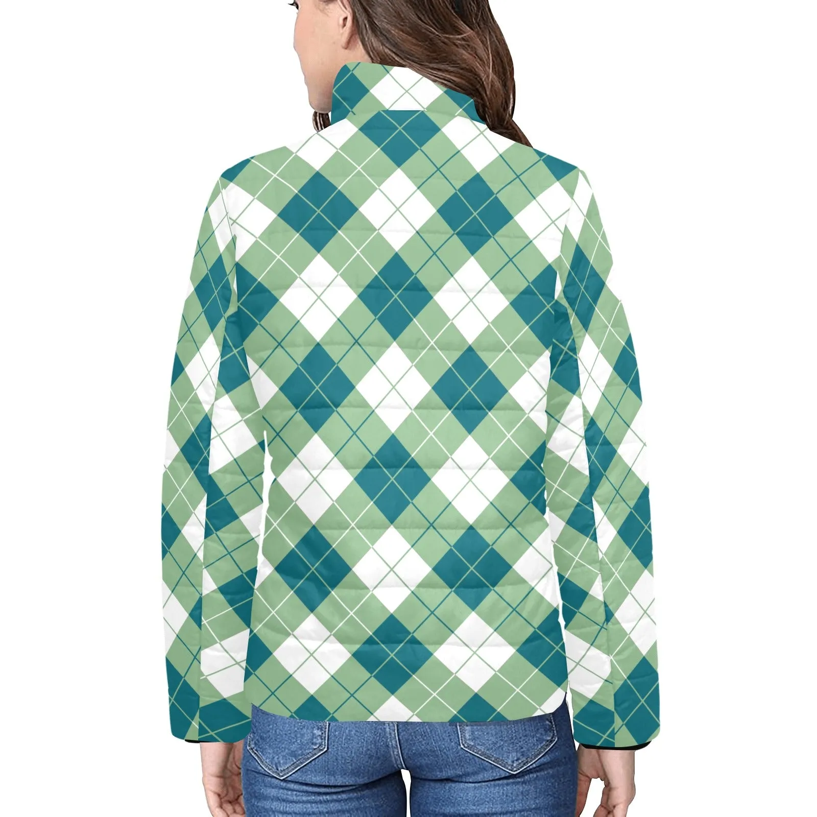 Harbor Blue and Basil Argyle Women's Stand Collar Padded Jacket