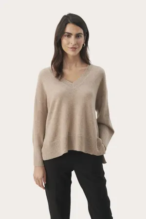 Hellin Light Camel Melange V Neck Cashmere Sweater