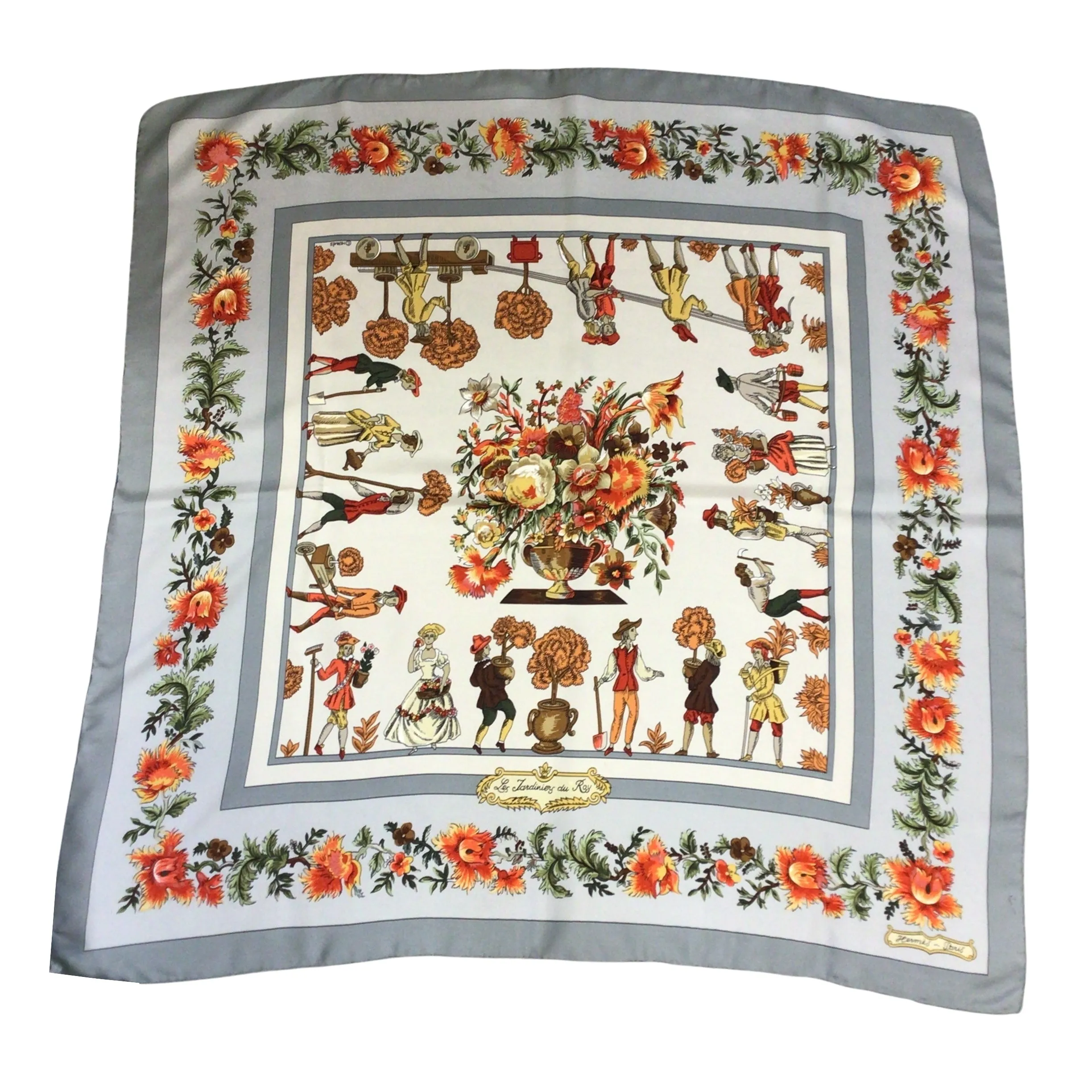 Hermes Paris Grey Multi Vintage Les Jardiniers du Roy Printed Square Silk Scarf