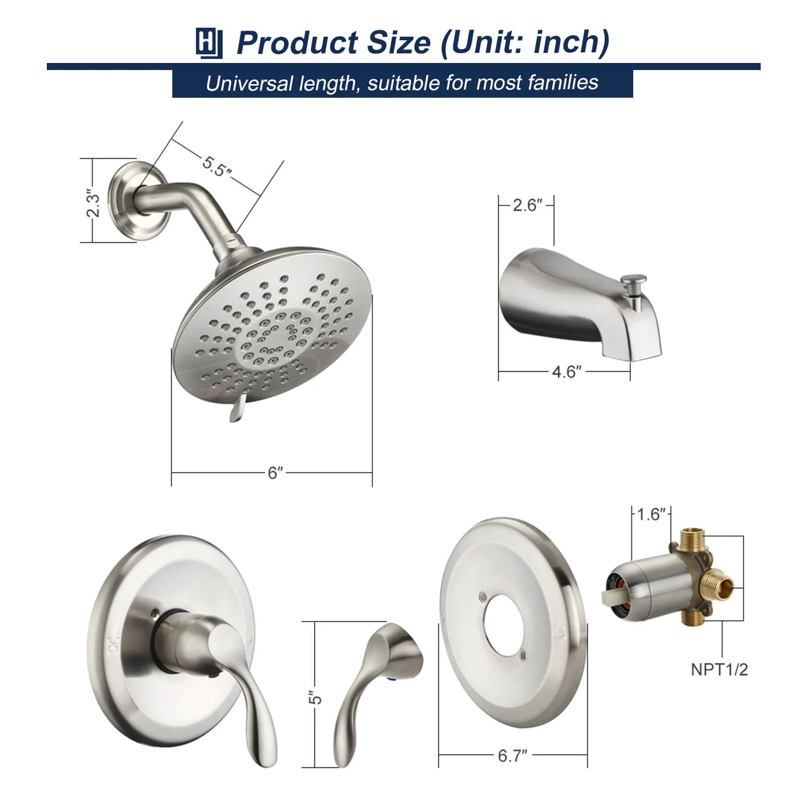 HOMELODY Single-Handle Shower Tub Kit Shower Trim Kit (Valve Included) Shower Faucet Set with 5-Spray Shower Head