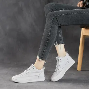 ikearlax Leather White Shoes Women's High-Top  Spring New Flat Top Layer Cowhide Leisure Slip on Board Shoes All-Matching