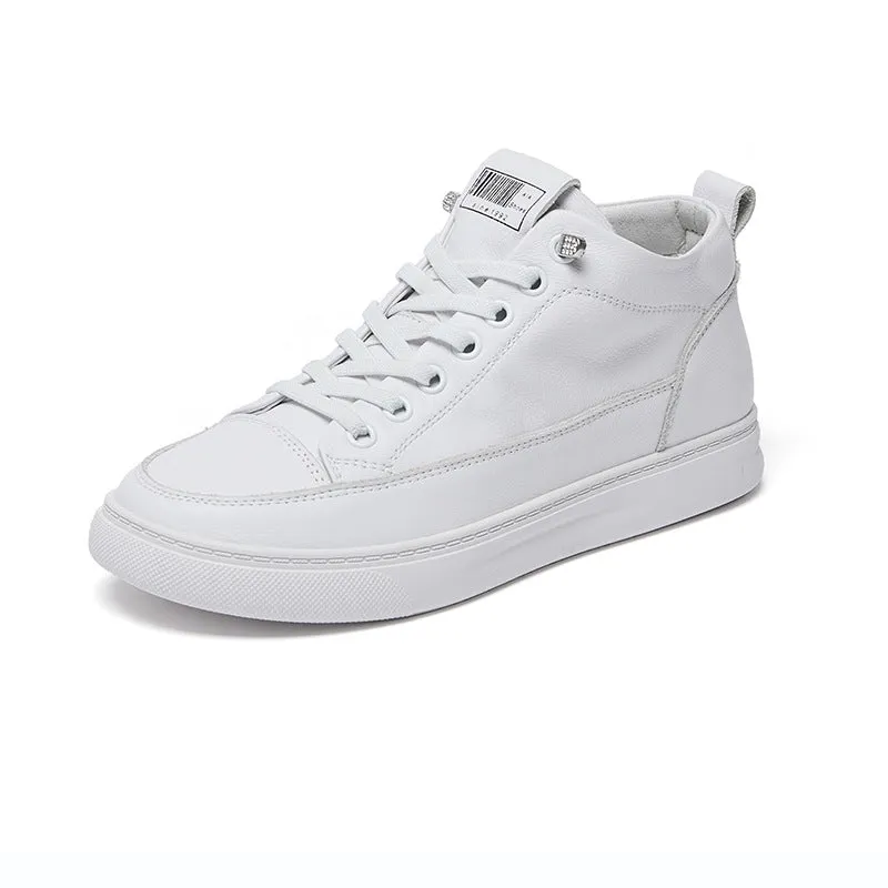 ikearlax Leather White Shoes Women's High-Top  Spring New Flat Top Layer Cowhide Leisure Slip on Board Shoes All-Matching