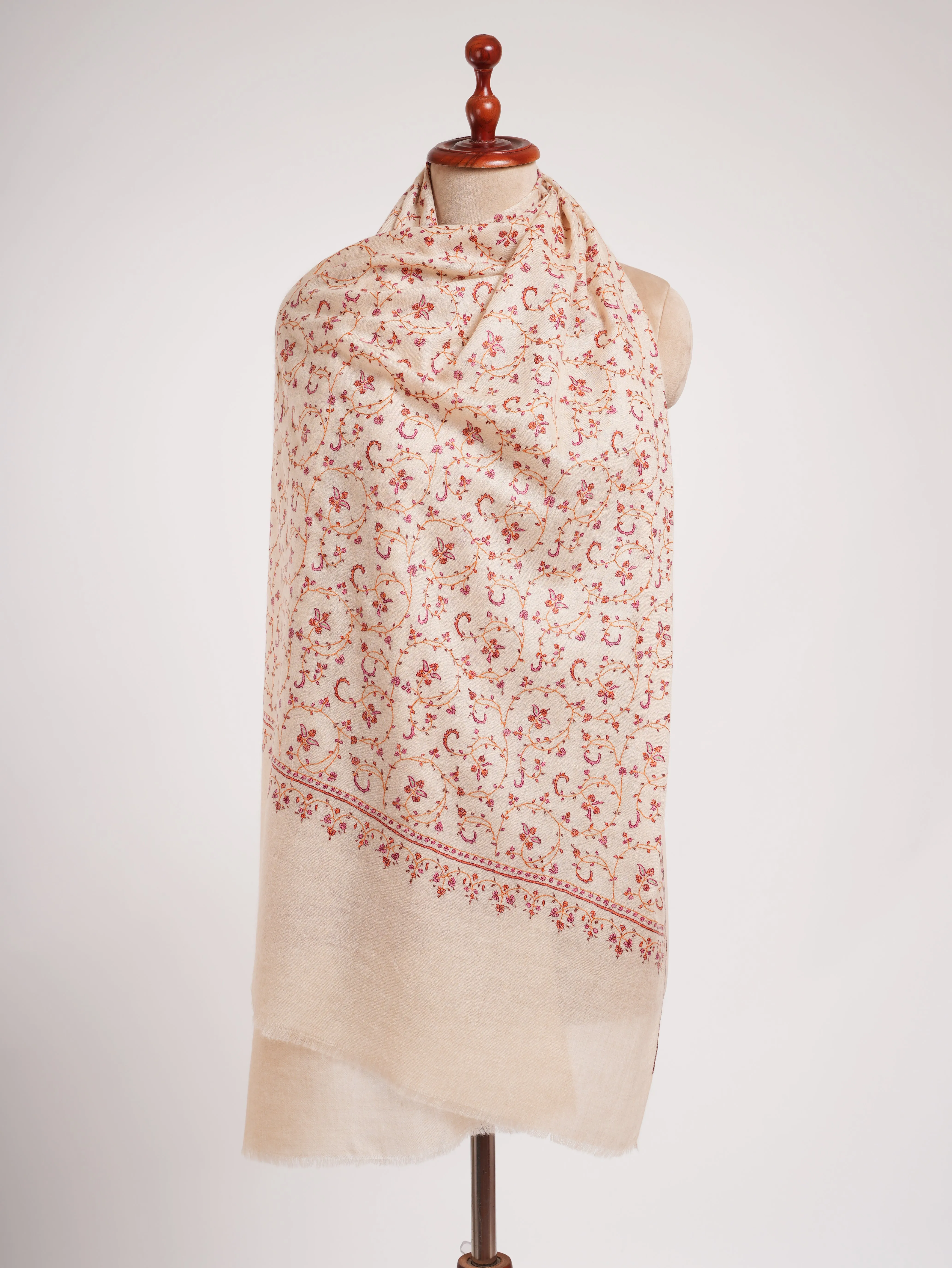 Ivory Sozni Embroidered Kashmiri Cashmere Scarf