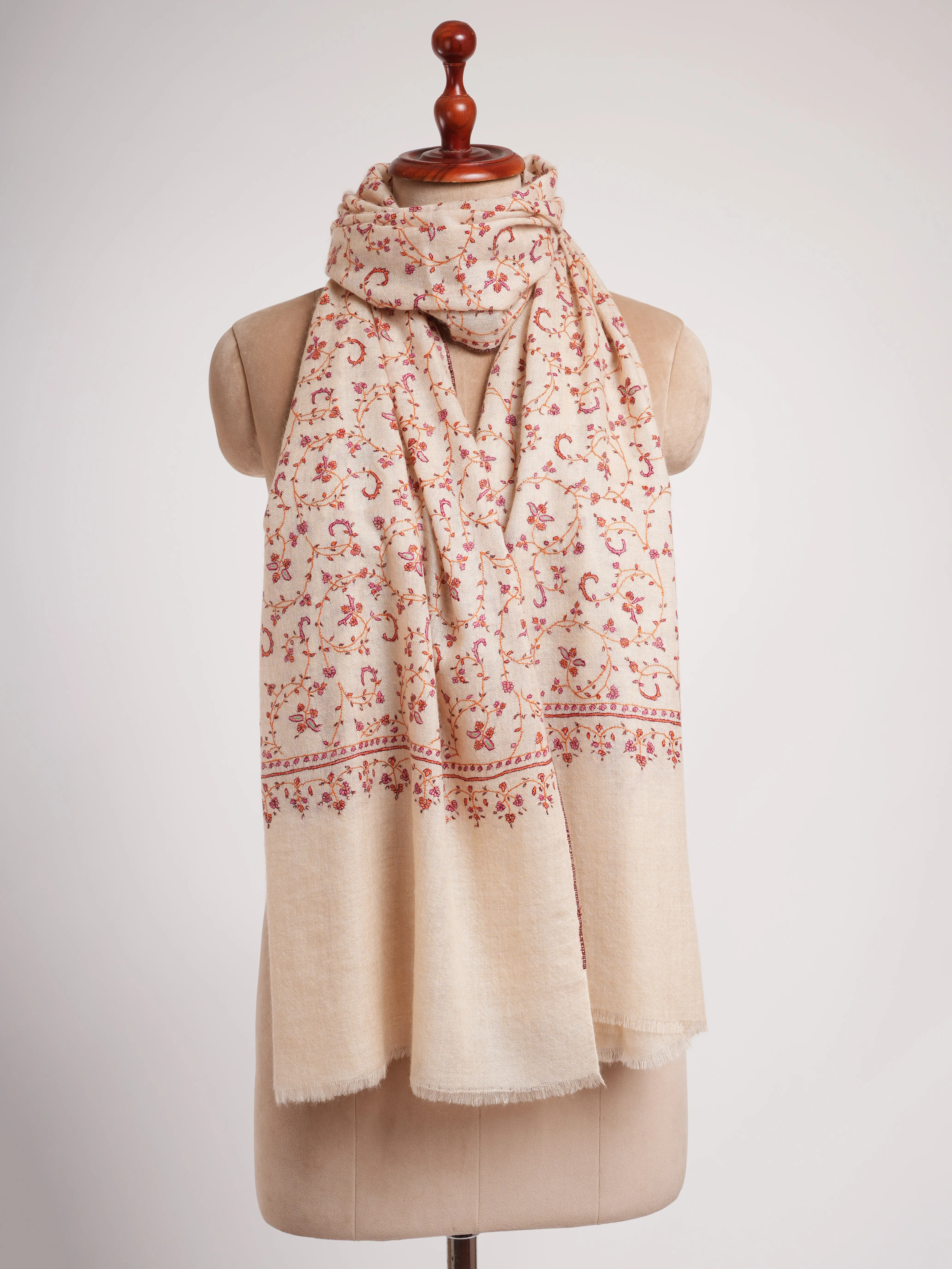 Ivory Sozni Embroidered Kashmiri Cashmere Scarf