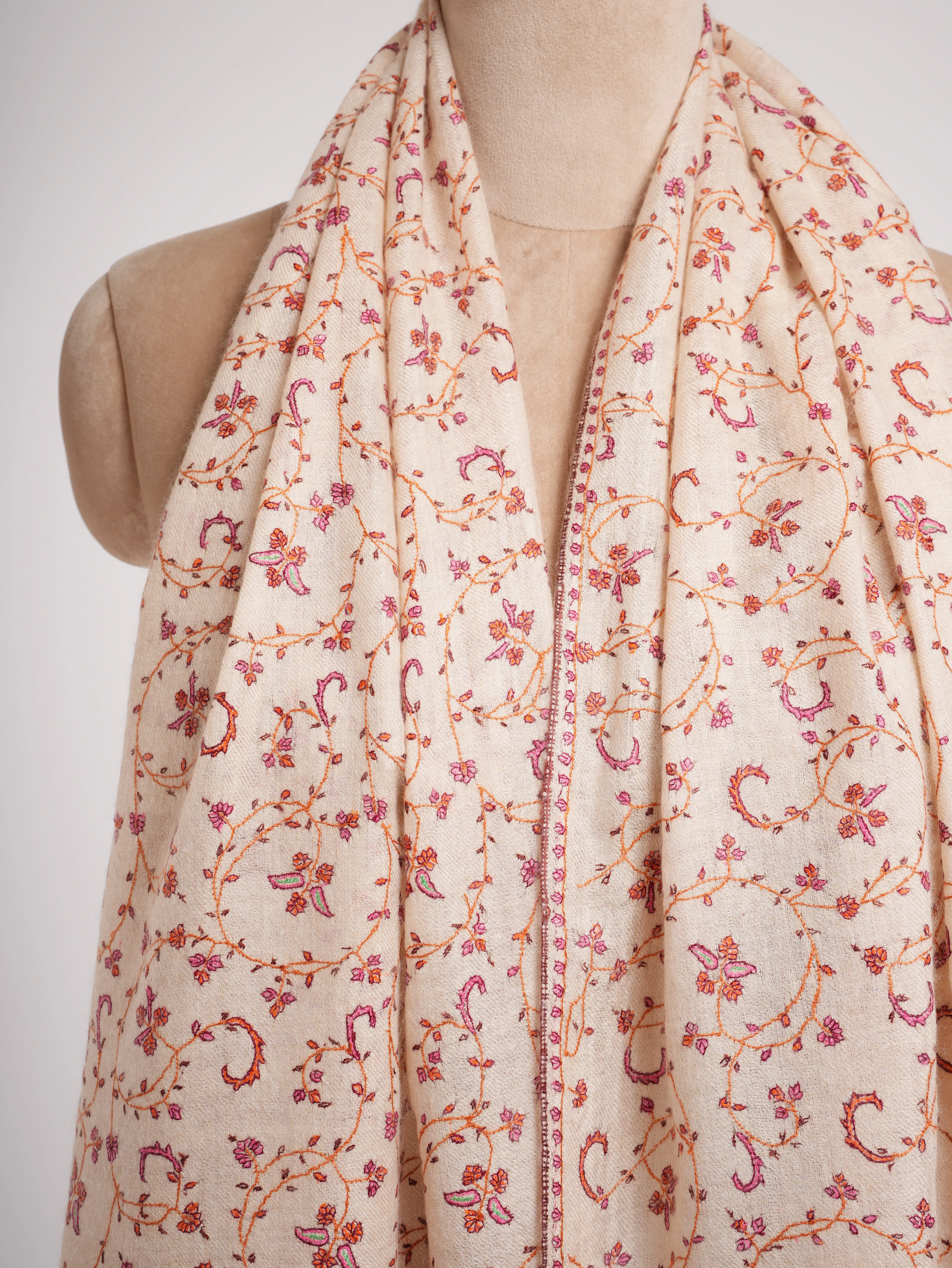 Ivory Sozni Embroidered Kashmiri Cashmere Scarf