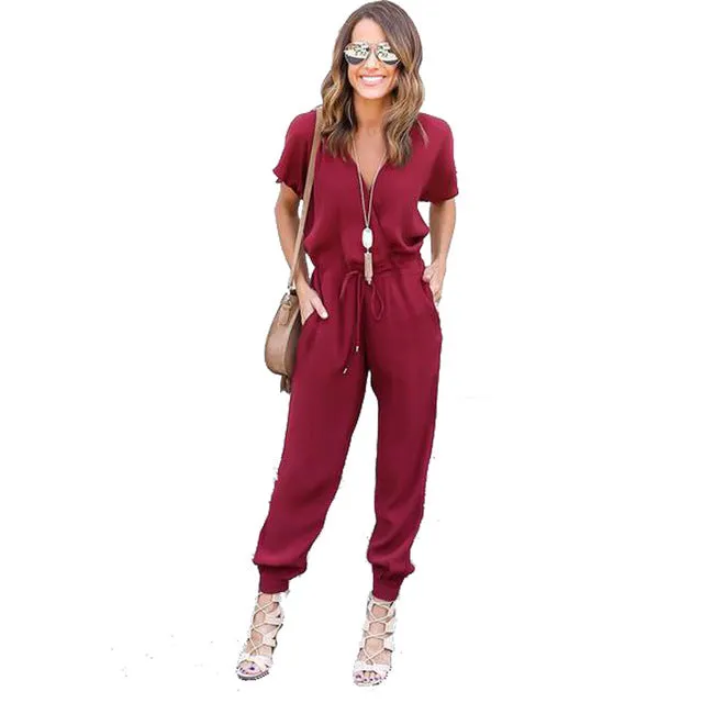 Kaywide Sexy V Neck Pleated Waist Pocket Rompers Womens Jumpsuit Loose Cross Overalls Black Red Short Sleeve Playsuit