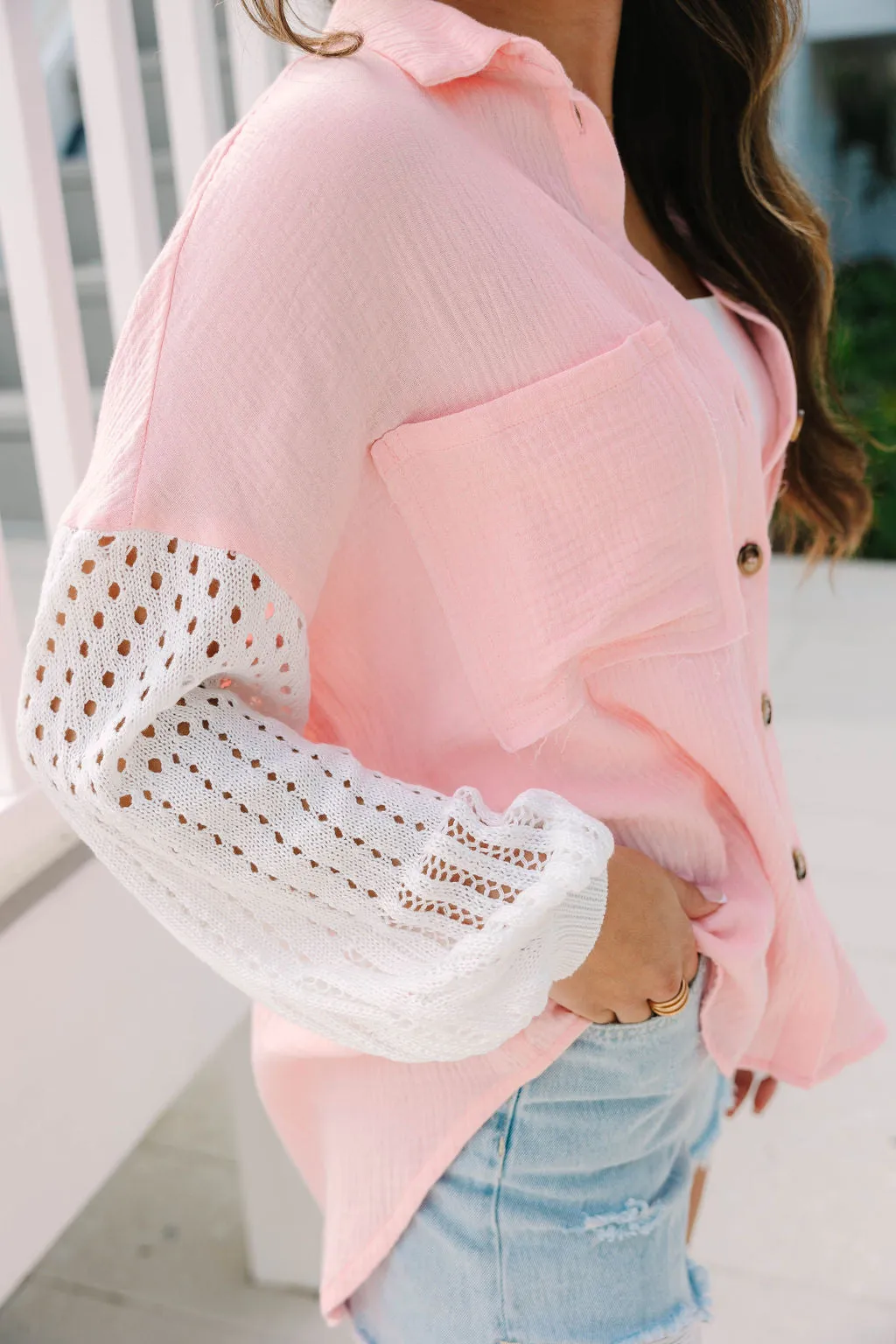 Keep Shining Pink and Cream Color Block Crochet Sleeve Gauze Shacket