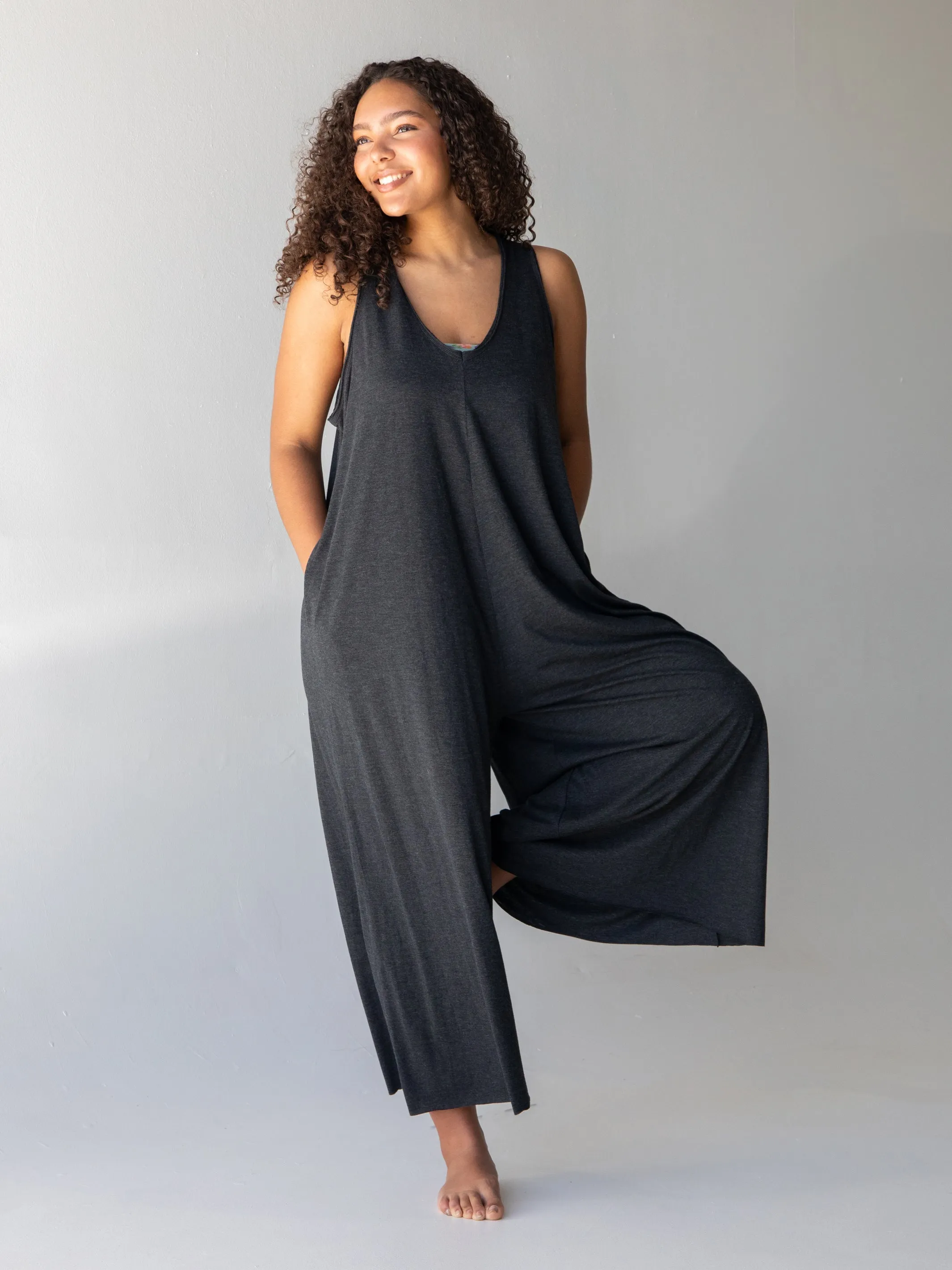 Knit V-Neck Jumpsuit - Charcoal