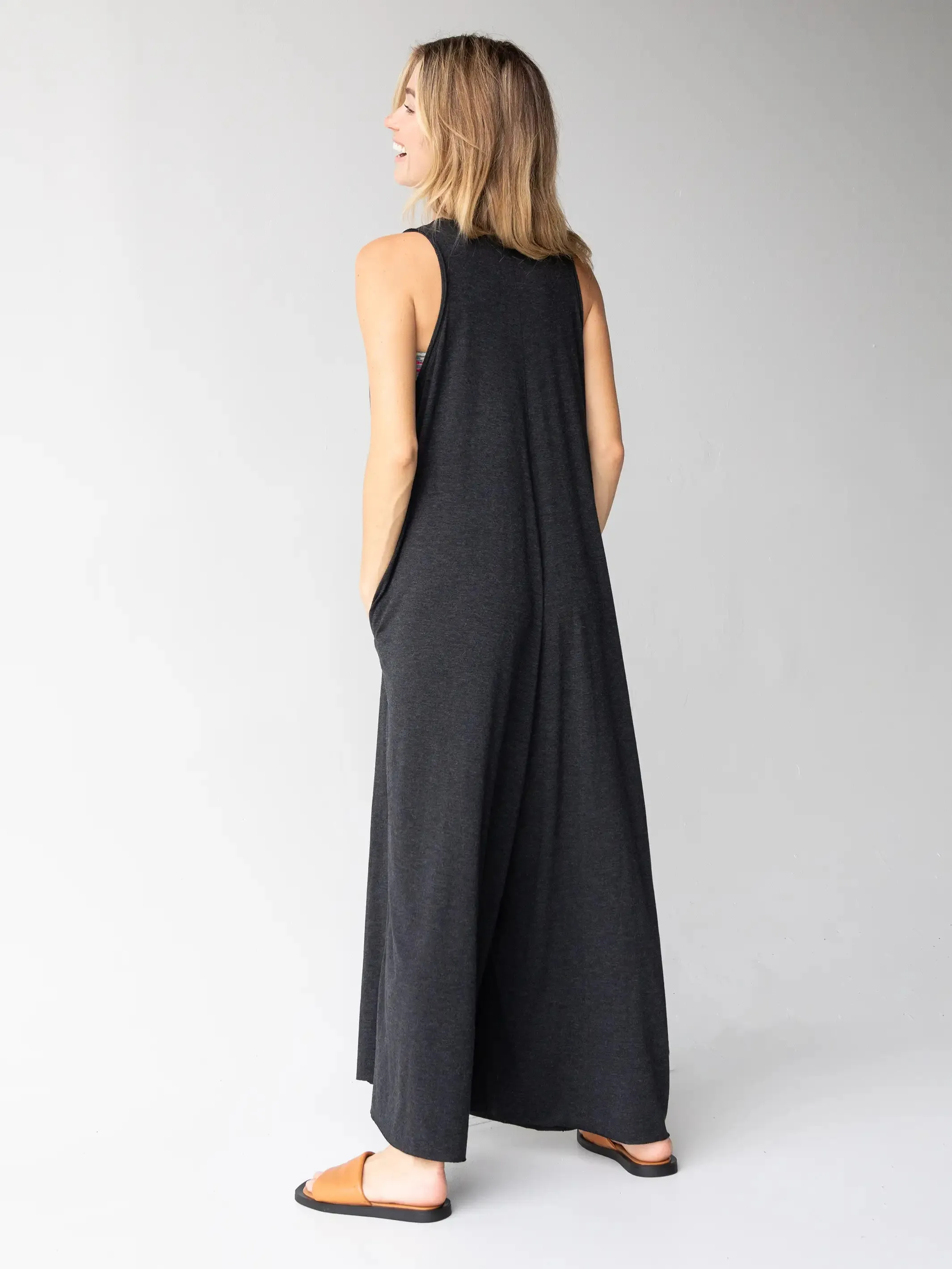 Knit V-Neck Jumpsuit - Charcoal