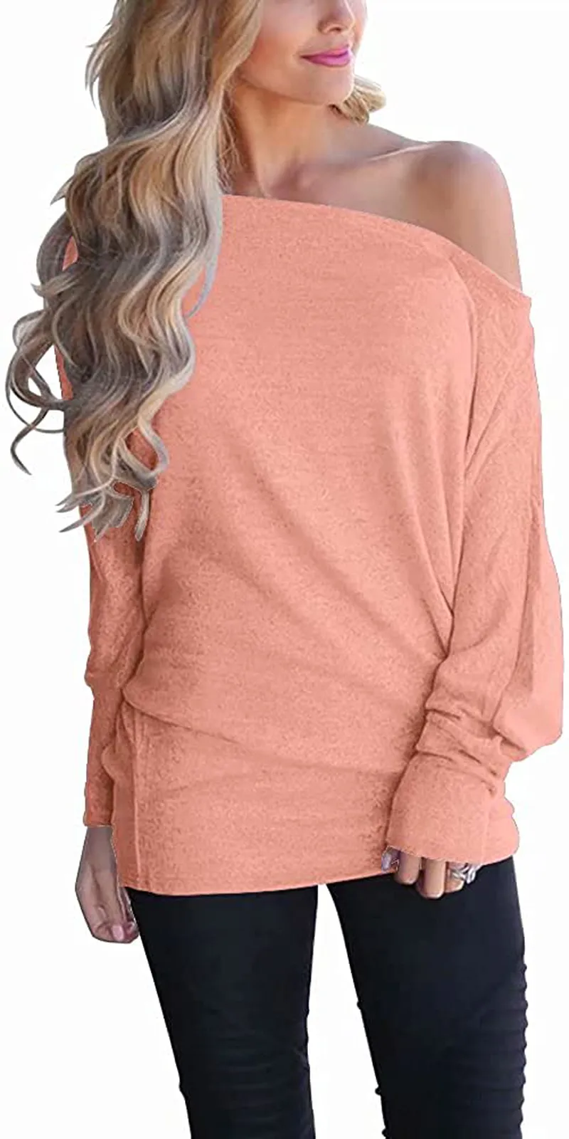 Lacozy Women's Off Shoulder Long Sleeve Oversized Pullover Sweater Knit Jumper Loose Tunic Tops