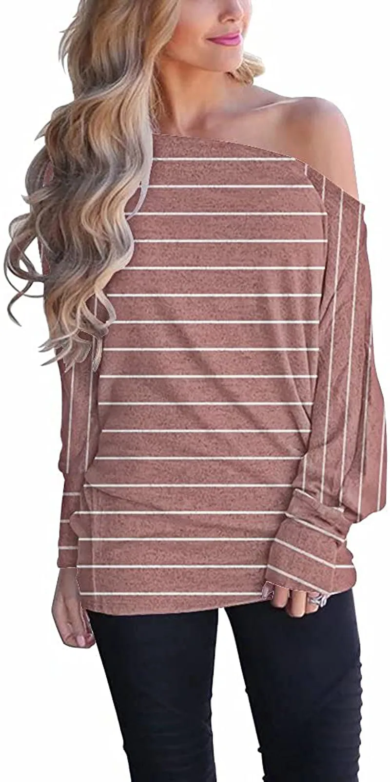 Lacozy Women's Off Shoulder Long Sleeve Oversized Pullover Sweater Knit Jumper Loose Tunic Tops