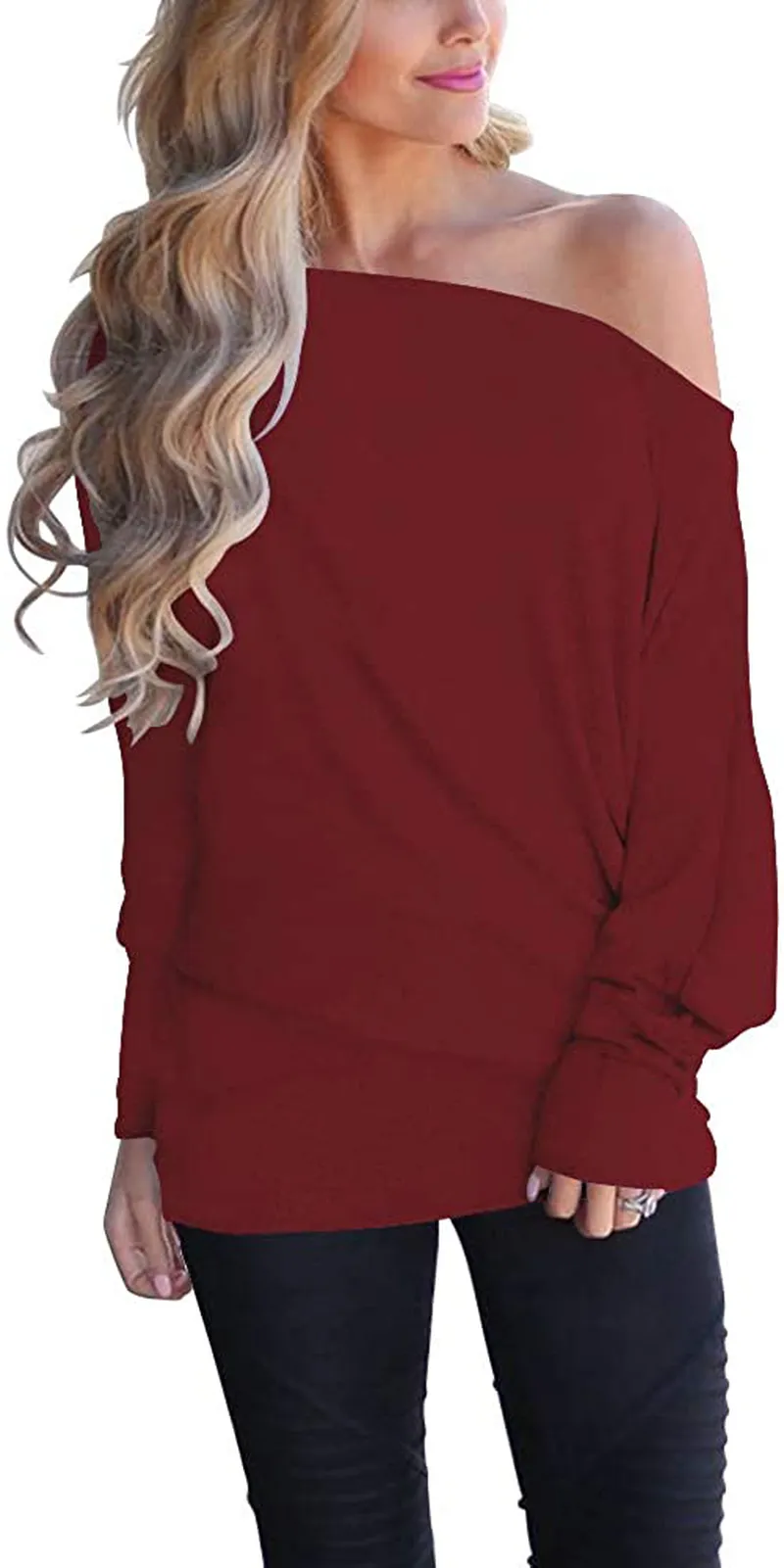 Lacozy Women's Off Shoulder Long Sleeve Oversized Pullover Sweater Knit Jumper Loose Tunic Tops