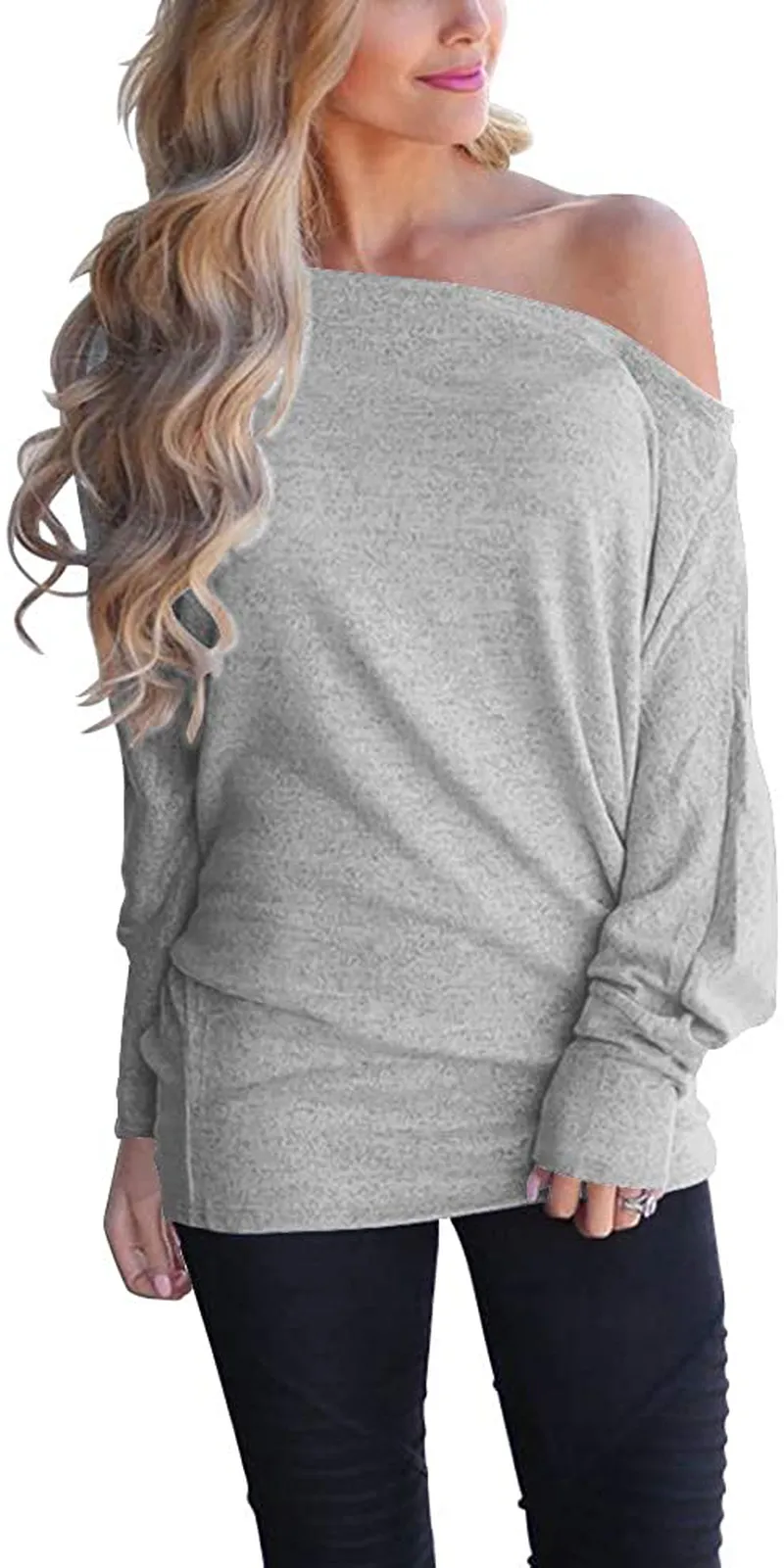 Lacozy Women's Off Shoulder Long Sleeve Oversized Pullover Sweater Knit Jumper Loose Tunic Tops