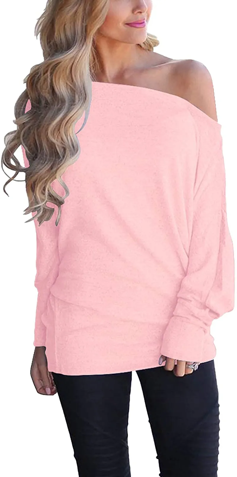 Lacozy Women's Off Shoulder Long Sleeve Oversized Pullover Sweater Knit Jumper Loose Tunic Tops