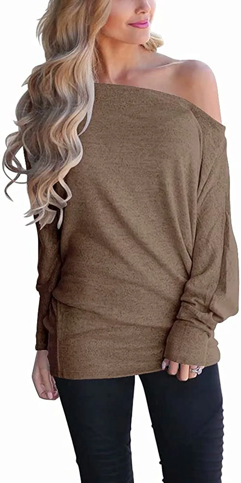 Lacozy Women's Off Shoulder Long Sleeve Oversized Pullover Sweater Knit Jumper Loose Tunic Tops