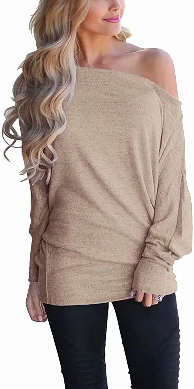 Lacozy Women's Off Shoulder Long Sleeve Oversized Pullover Sweater Knit Jumper Loose Tunic Tops