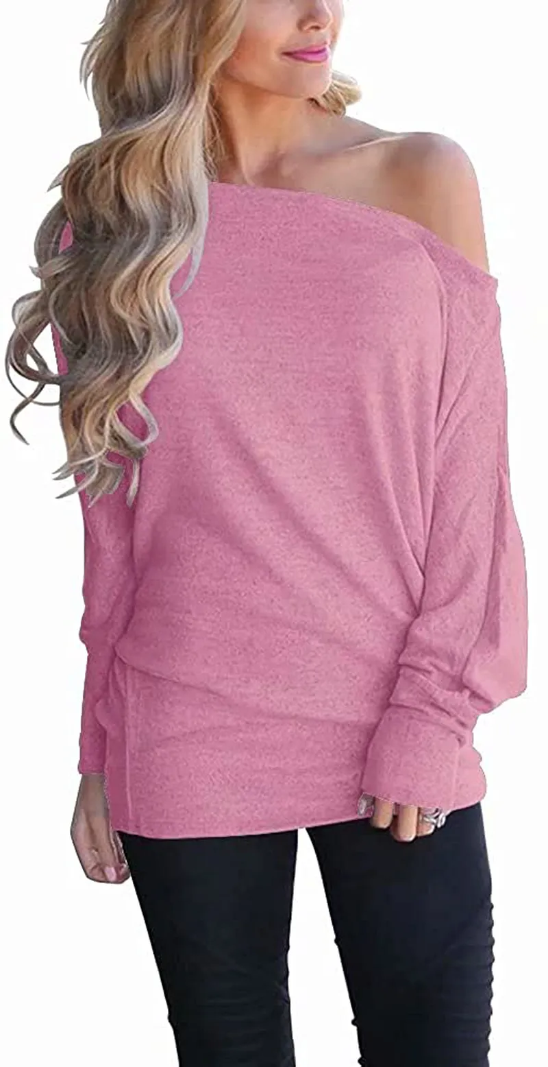 Lacozy Women's Off Shoulder Long Sleeve Oversized Pullover Sweater Knit Jumper Loose Tunic Tops