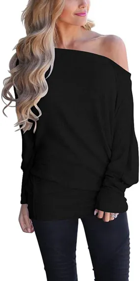 Lacozy Women's Off Shoulder Long Sleeve Oversized Pullover Sweater Knit Jumper Loose Tunic Tops