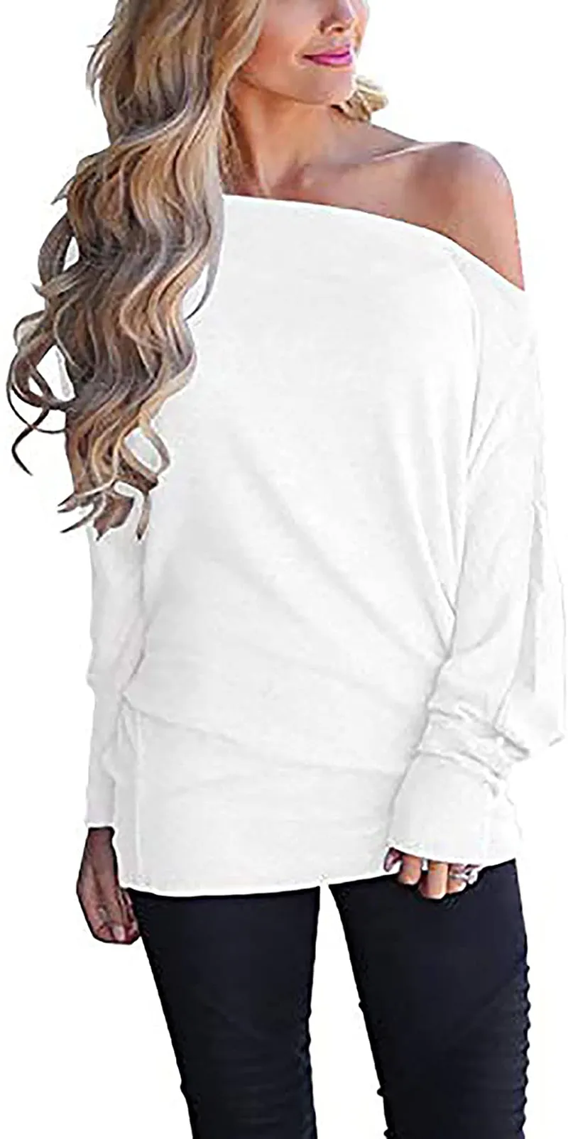 Lacozy Women's Off Shoulder Long Sleeve Oversized Pullover Sweater Knit Jumper Loose Tunic Tops