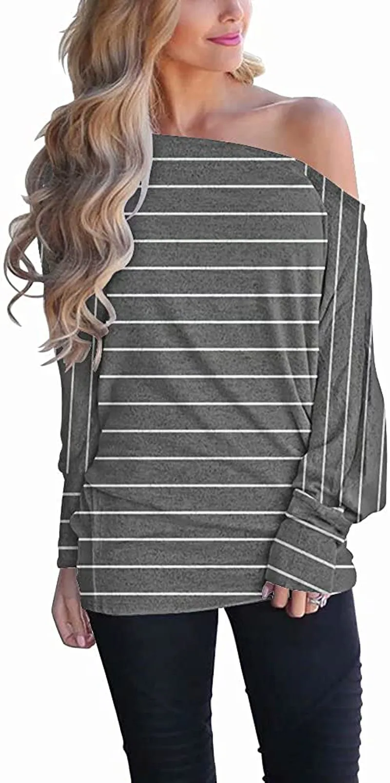 Lacozy Women's Off Shoulder Long Sleeve Oversized Pullover Sweater Knit Jumper Loose Tunic Tops