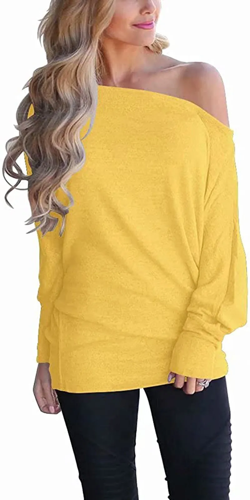 Lacozy Women's Off Shoulder Long Sleeve Oversized Pullover Sweater Knit Jumper Loose Tunic Tops