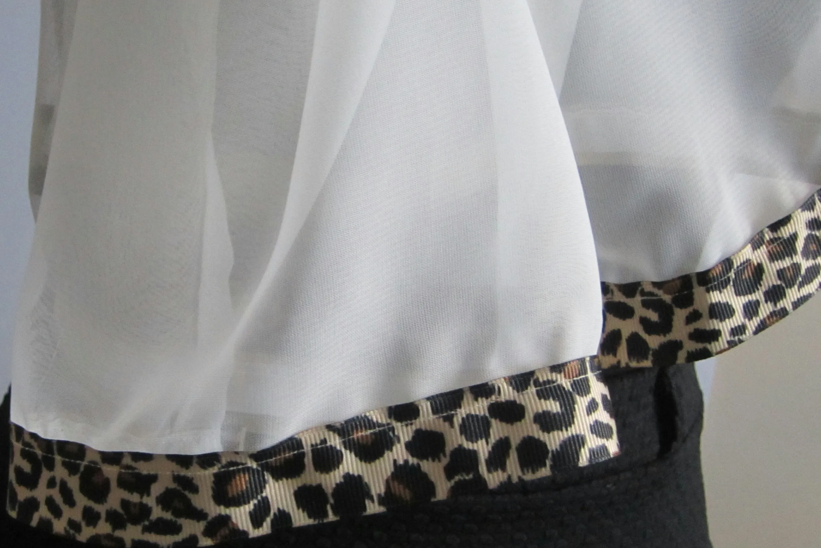 Ladies Ivory Chiffon Scarf With Leopard Print Grosgrain Ribbon Trim