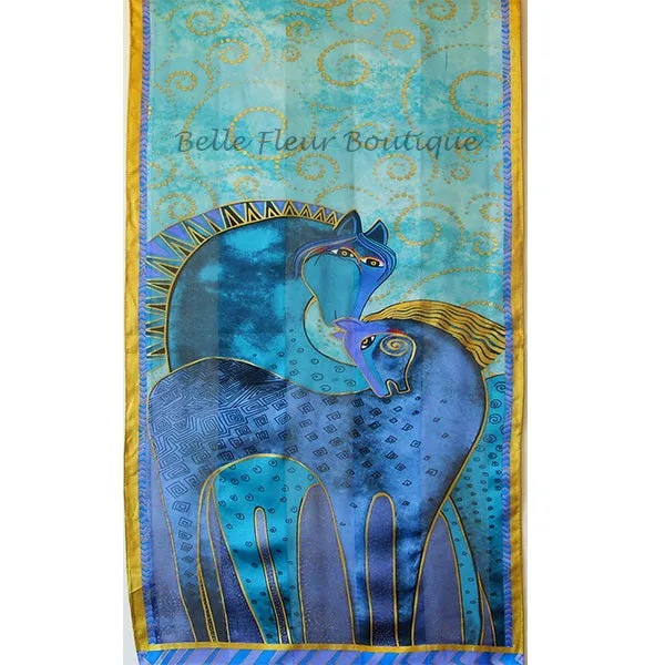 Laurel Burch Teal Mares Horse Art 100% Silk Scarf