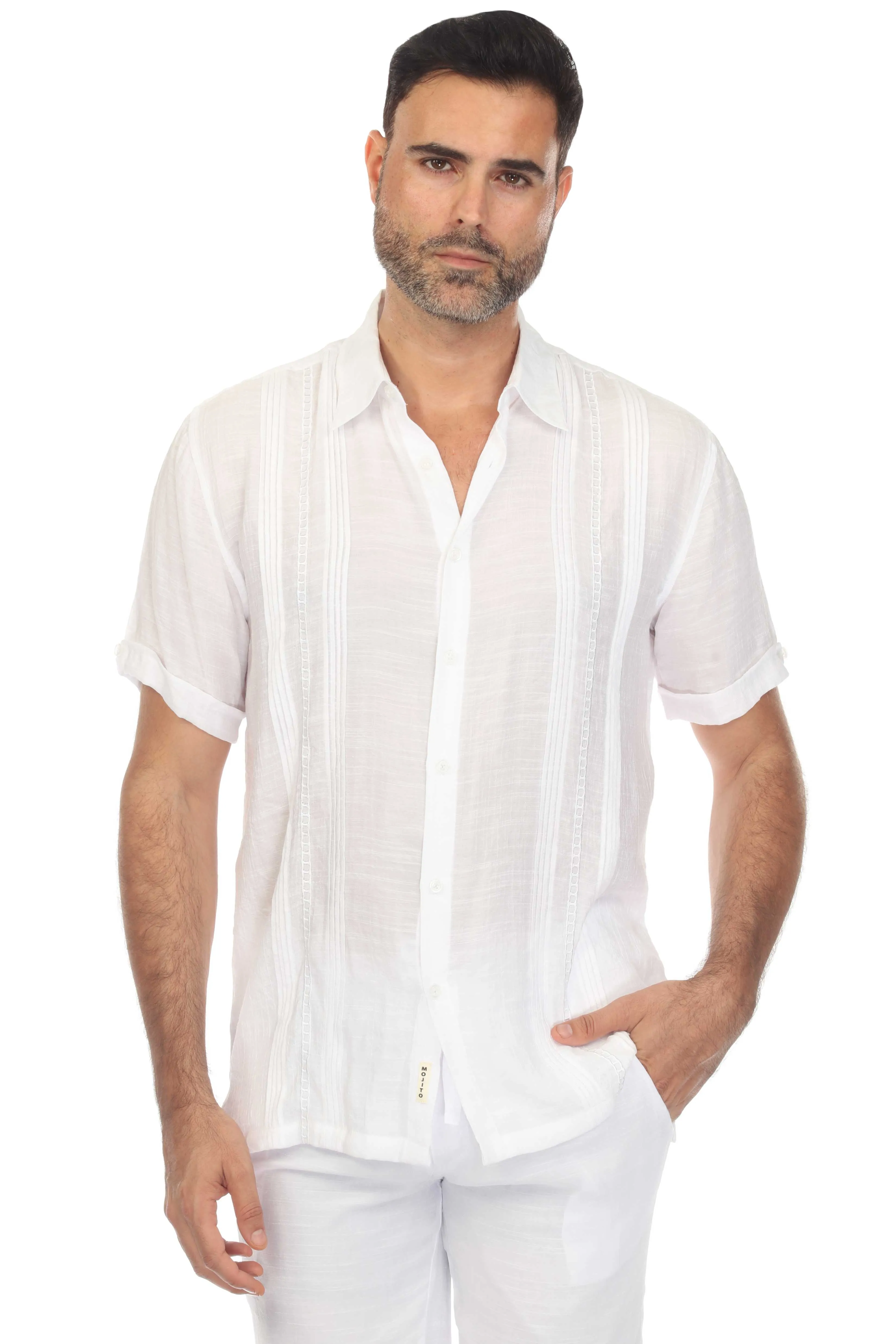 Men's Beach Button Down Embroidered Shirt with Pleating Design Short Sleeve