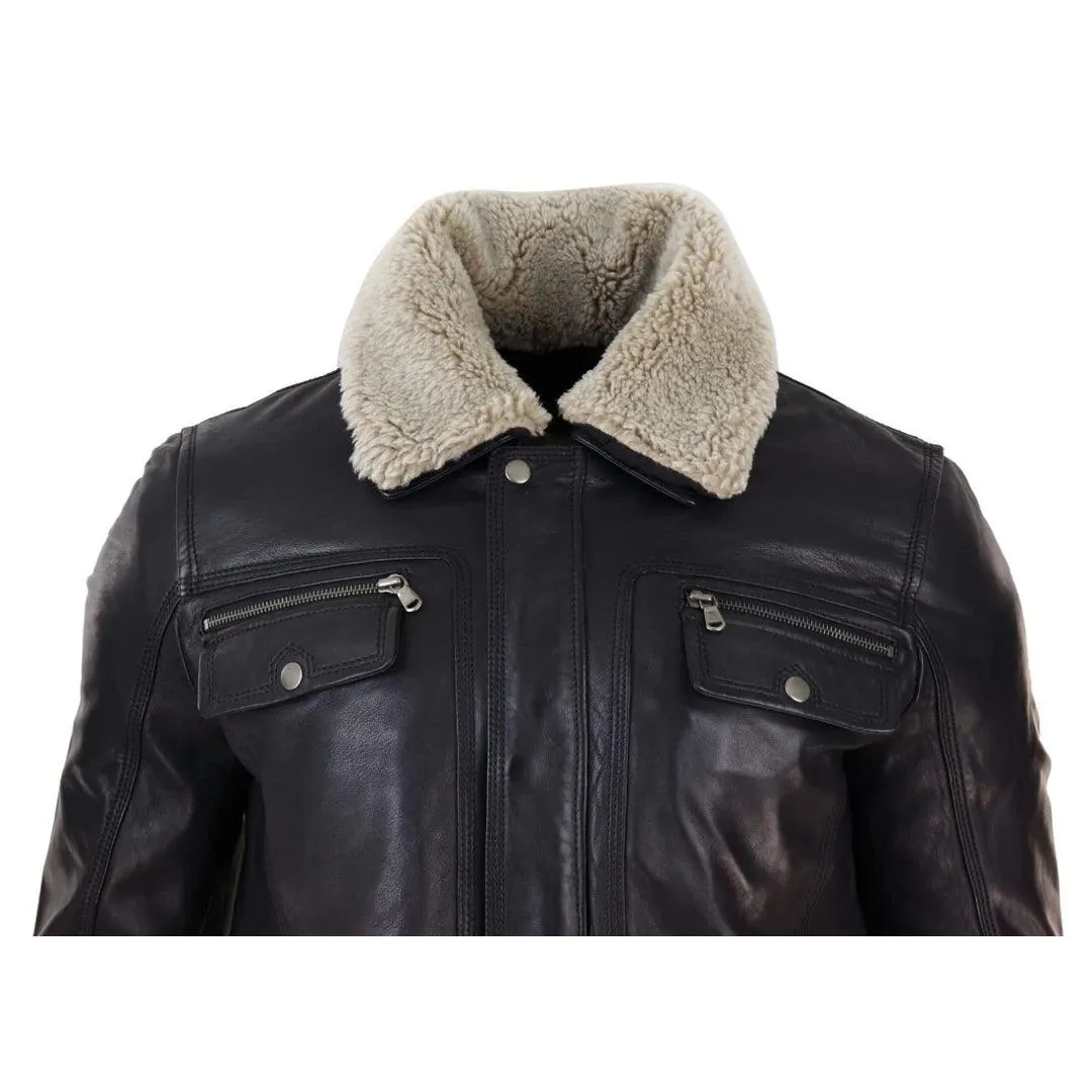 Mens Black brown Real Leather Jacket Sheepskin Collar Short Zip Button