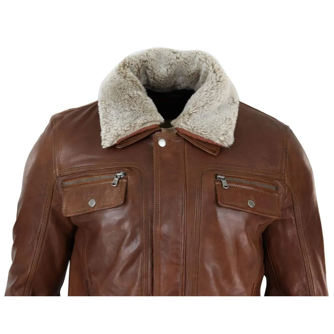 Mens Black brown Real Leather Jacket Sheepskin Collar Short Zip Button