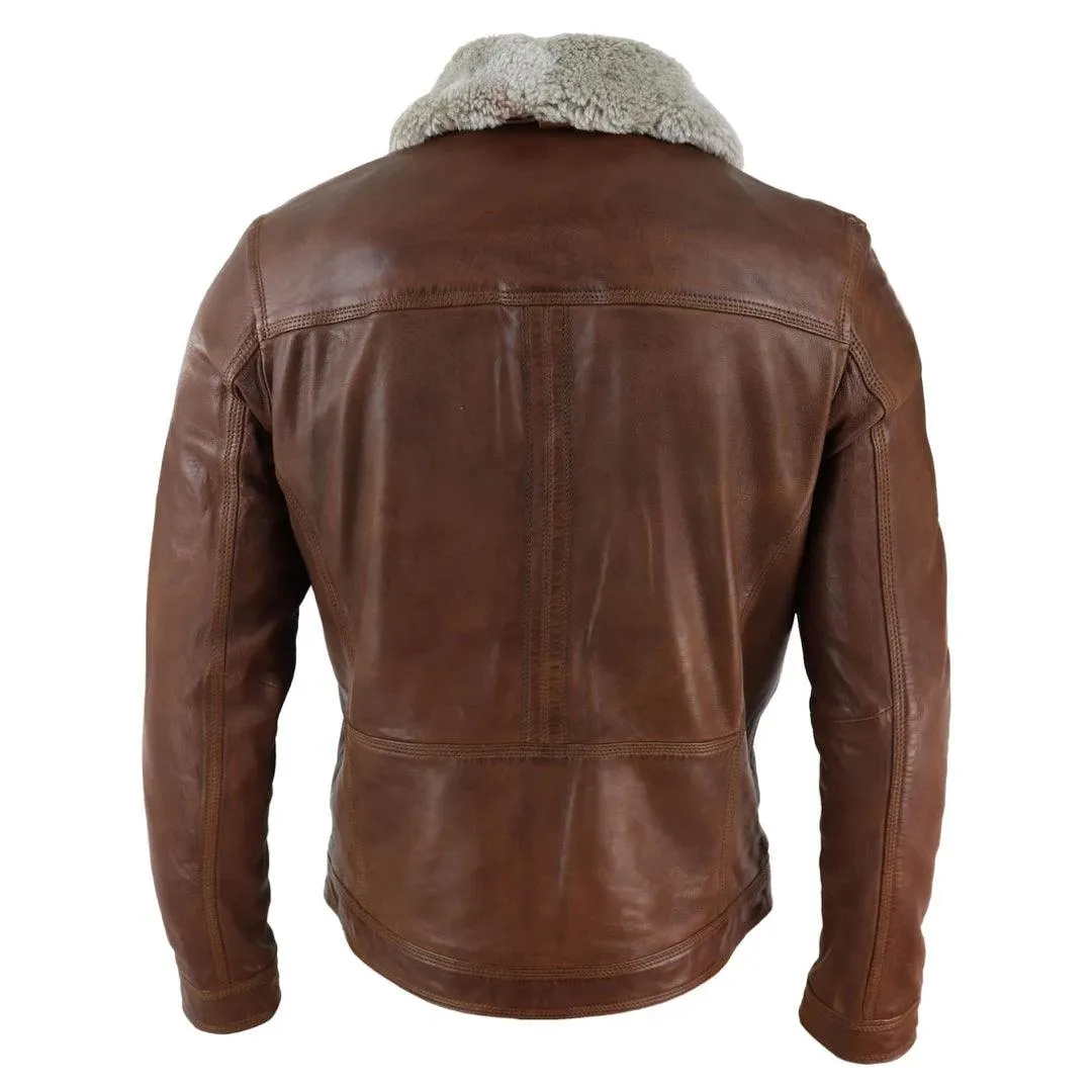 Mens Black brown Real Leather Jacket Sheepskin Collar Short Zip Button