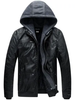 Mens Faux Leather Jacket with Removable Hood