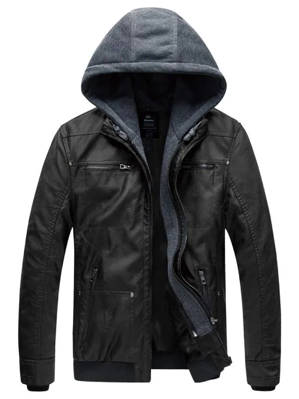 Mens Faux Leather Jacket with Removable Hood