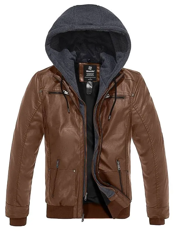 Mens Faux Leather Jacket with Removable Hood