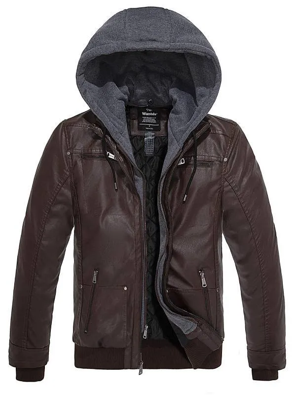 Mens Faux Leather Jacket with Removable Hood