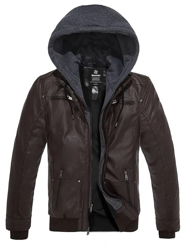 Mens Faux Leather Jacket with Removable Hood