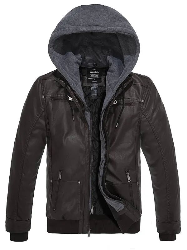 Mens Faux Leather Jacket with Removable Hood