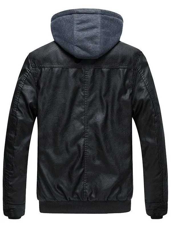 Mens Faux Leather Jacket with Removable Hood