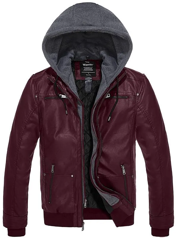 Mens Faux Leather Jacket with Removable Hood