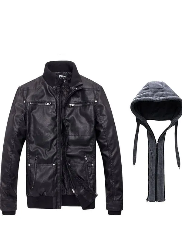 Mens Faux Leather Jacket with Removable Hood